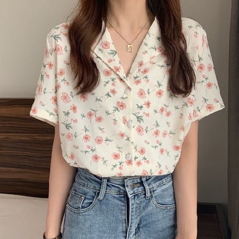Áo Sơ Mi Chiffon Tay Ngắn In Họa Tiết Hoa Phong Cách Phương Tây Thời Trang Dành Cho Nữ