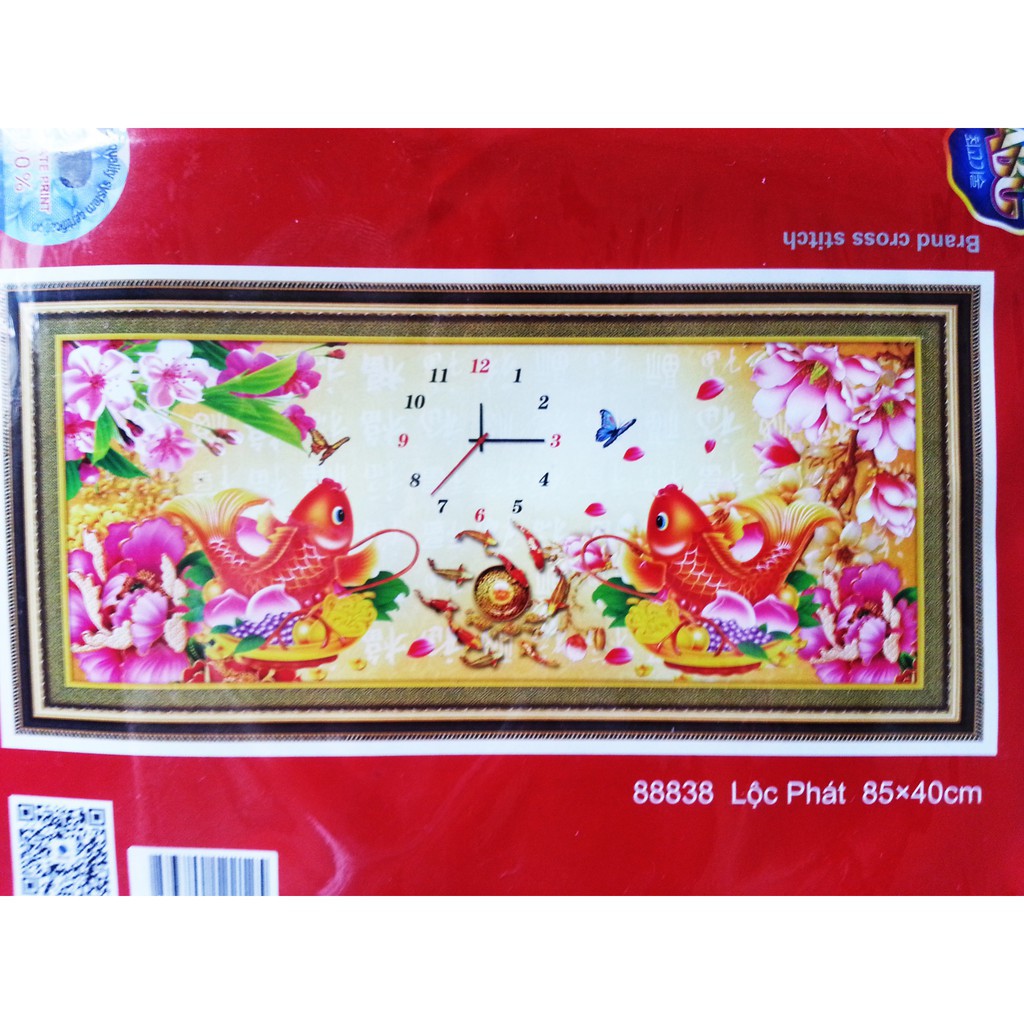 tranh thêu chữ thập cá chép hoa mẫu đơn kiểu đồng hồ kt 85x40cm