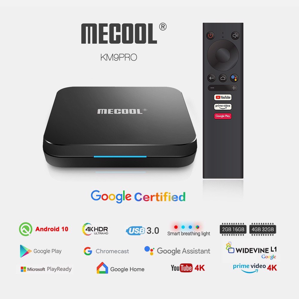 MECOOL KM9 Pro ANDROID TV 10, Chip S905X2, 2GB/16GB, Bluetooth 5.0, Wifi 2.4G và 5G, Tìm kiếm bằng giọng nói Tiếng Việt