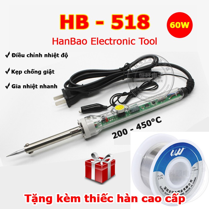 Mỏ hàn thiếc HB-518 điều chỉnh nhiệt độ kèm nhựa thông và thiếc