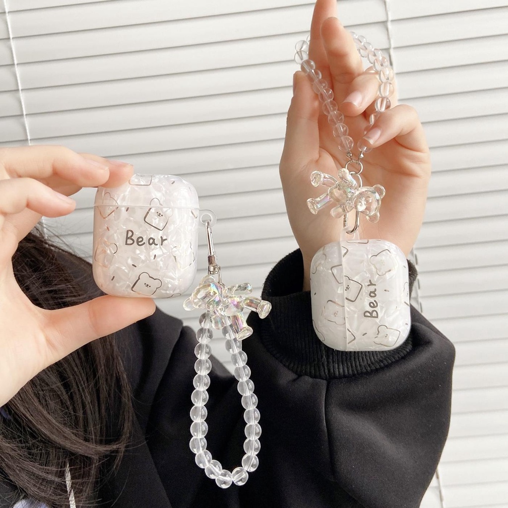 Vỏ Bảo Vệ Hộp Sạc Tai Nghe AirPods 1 2 pro 3 2021 gen3 Họa Tiết Gấu Màu Trong Suốt Gắn Dây Ngọc Trai