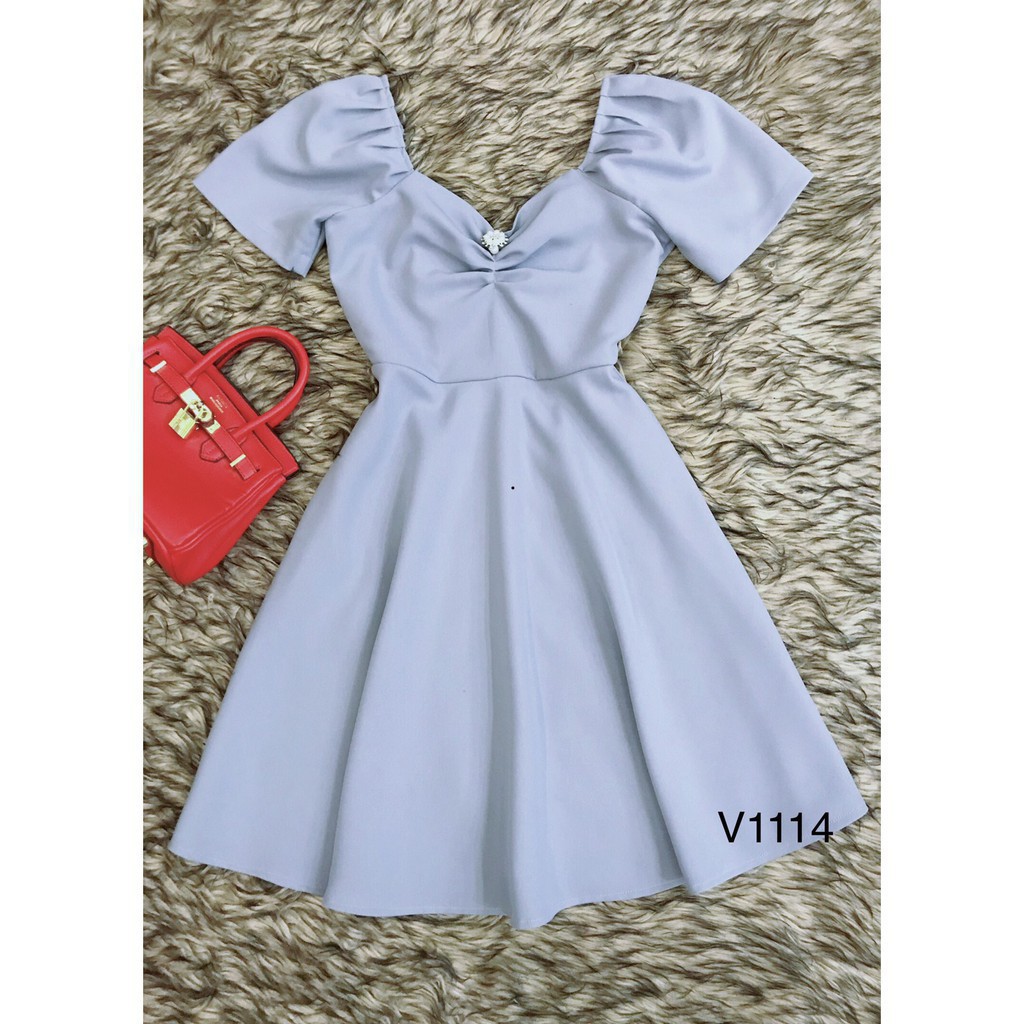 [ xả kho ] MiD Đầm xòe xanh nhún ngực V1114 Mie Design ảnh thật