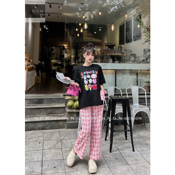 [ 𝐅𝐑𝐄𝐄 𝐒𝐇𝐈𝐏 ]SÉT ÁO PHÔNG Love MIX QUẦN SUÔNG CARO HỒNG , ÁO COTTON MỀM MIN LẮM Ạ