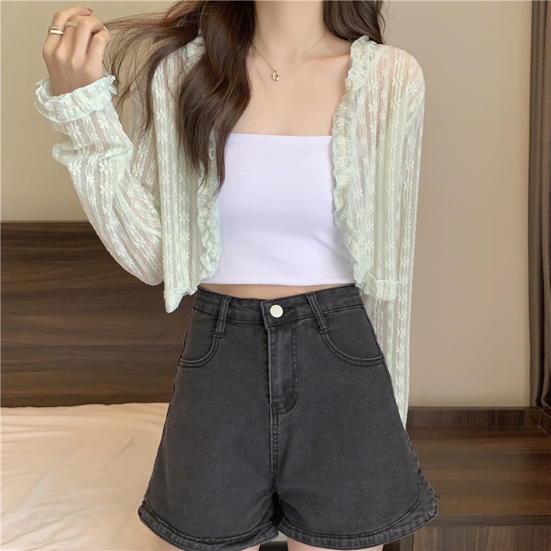 Áo kiểu ZHELIHANGFEI tay dài chống nắng lưng cao phối ren họa tiết hoa xinh xắn