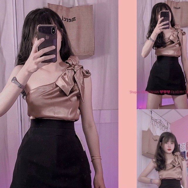 áo phi lụa lệch nơ vai xinh