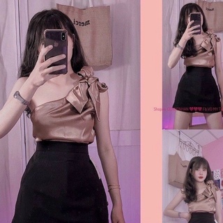 Áo phi lụa lệch nơ vai xinh