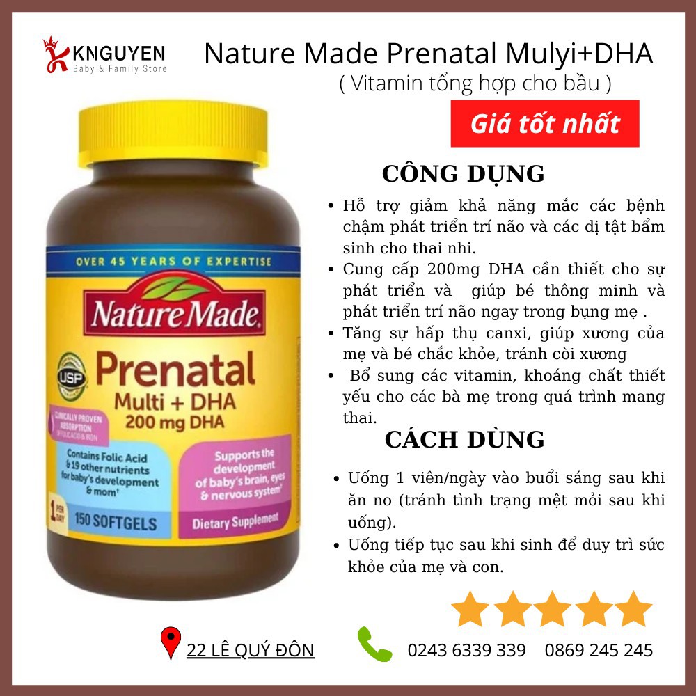 Vitamin tổng hợp bầu Mỹ (Mẫu mới) Prenatal - DHA 200ml 150v