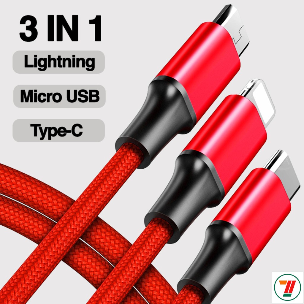 Cáp sạc đa năng 3 đầu 3 in 1gồm Type C, Lightning, Micro usb thương hiêu Bagi (Đen/ Đỏ)