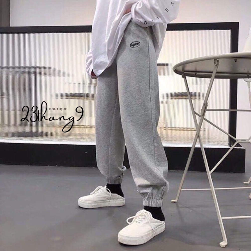 Quần Jogger Nỉ Thêu SPUN Ulzzang Quần Ống Rộng Unisex Bo Chun phong cách trẻ trung cá tính 23thang9