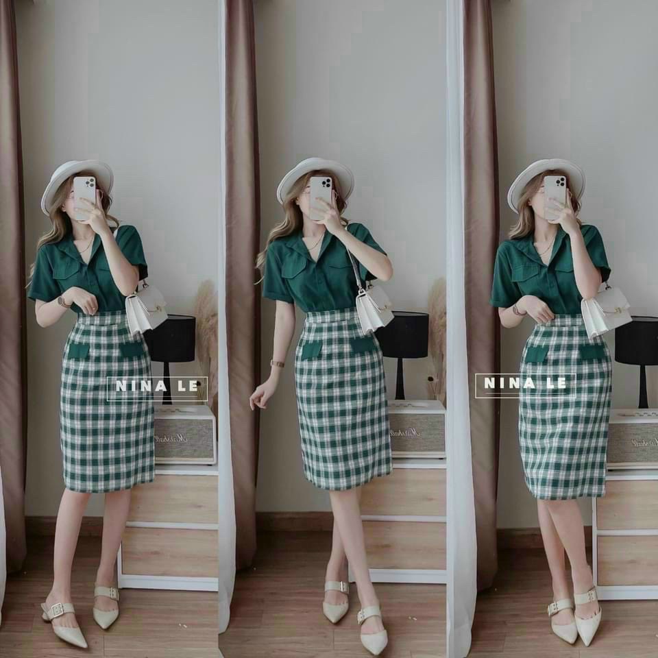 Set Bô Đi Chơi Áo Sơ Mi Phói Chân Váy Kẻ Phong Cách Hiện Đại Cá Tính Thời Trang Nữ Xm Minh Phúc