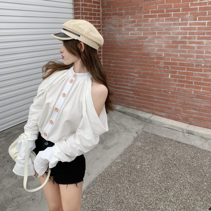 (Order) Áo sơ mi phong cách retro áo lệch vai nhẹ nhàng nữ tính | BigBuy360 - bigbuy360.vn