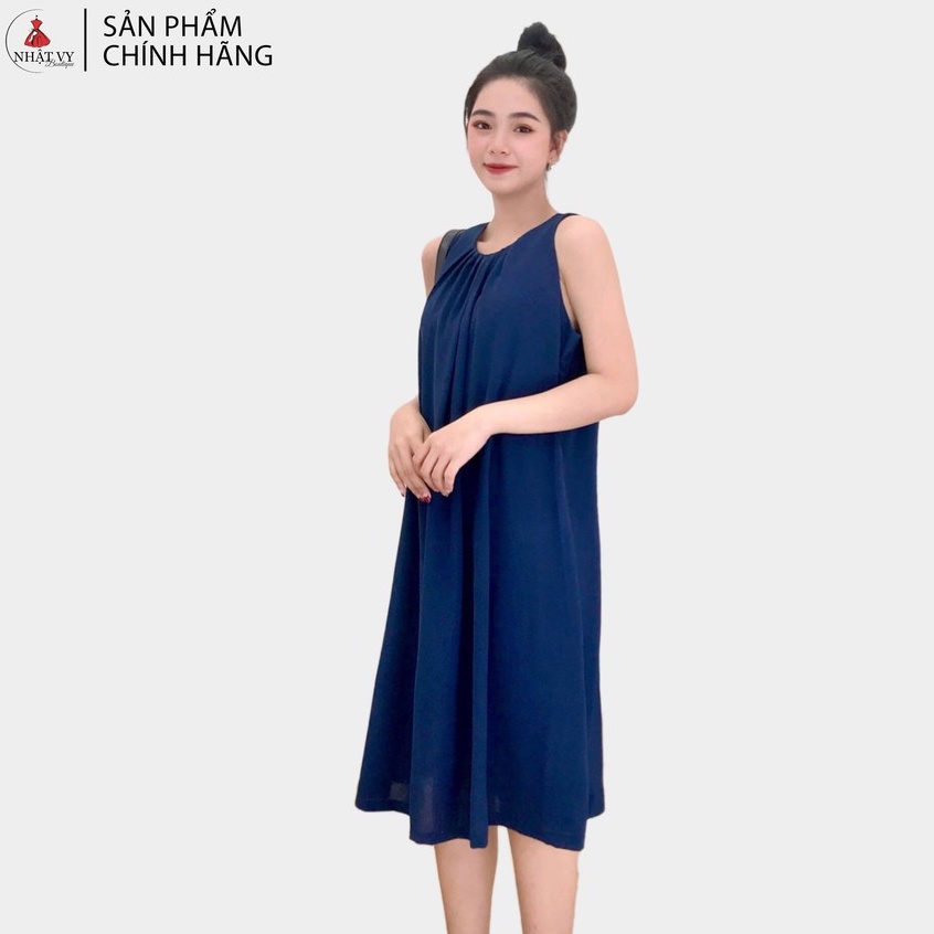 Đầm Nữ NHẬT VY Sát Nách Cổ Tròn Chất Cát Mịn Công Sở Dáng Suông Màu Xanh, Trắng - D1546