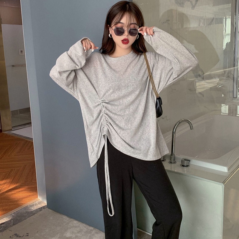 Áo Thun Tay Dài Phối Dây Rút Phong Cách Hong Kong Thời Trang Cho Nữ