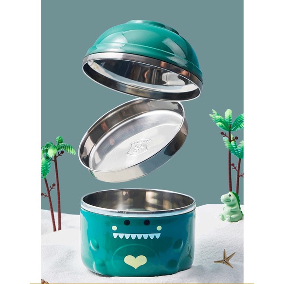 Hộp cơm inox Khủng Long 2 tầng có nắp đậy giữ nhiệt, tô mì 2 lớp cách nhiệt, bát úp mì khủng long dễ thương tiện lợi