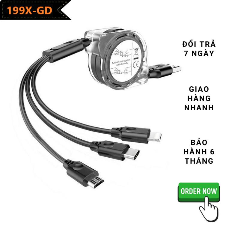 Cáp sạc dây kéo cuộn tròn 3 đầu sạc khác nhau độ dài 1m, có thể kéo dài và cuộn gọn 6315 AQ