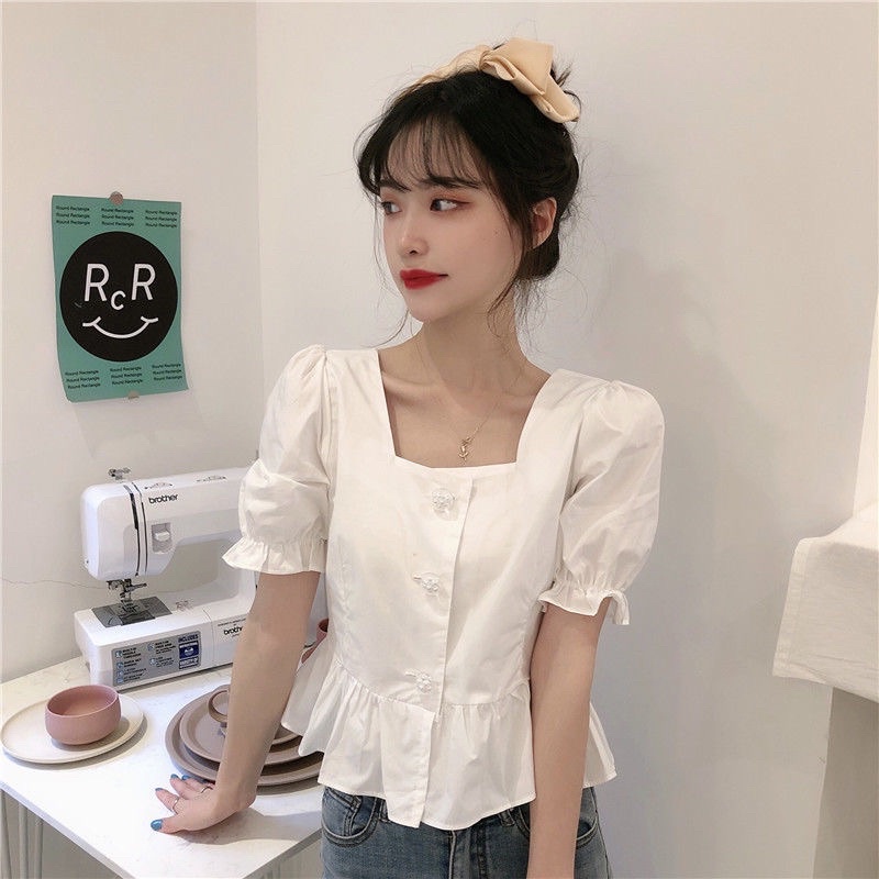 Áo Kiểu Tay Phồng Cổ Vuông Phong Cách Hàn Quốc Cho Nữ