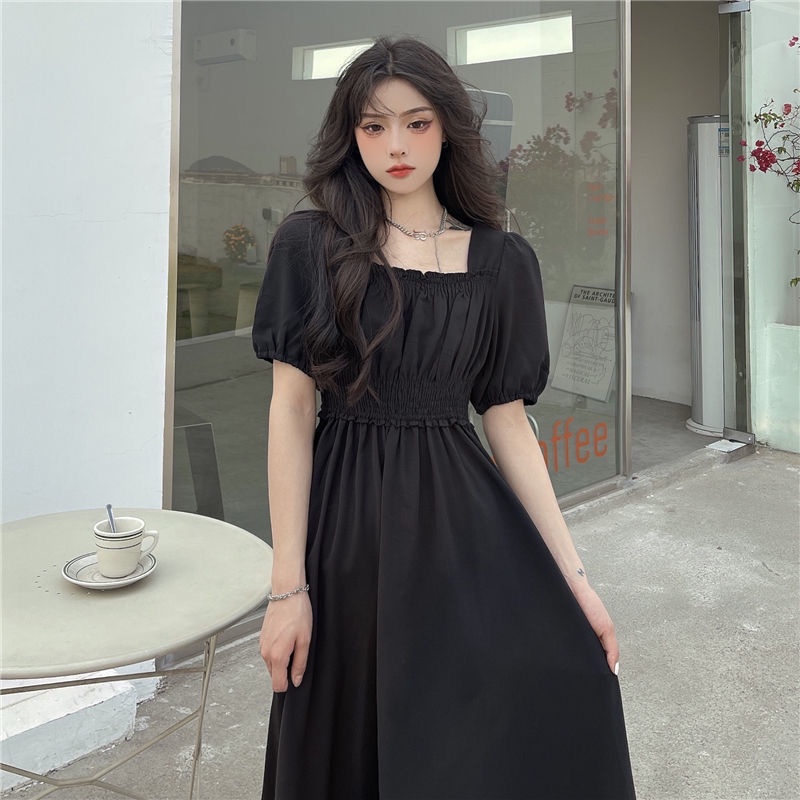 Đầm Dài Lưng Cao Cổ Vuông Chất Liệu Co Giãn Màu Đen Thời Trang Sang Trọng Cho Nữ新松紧黑色高腰方领超仙气质温柔连衣裙大摆垂感收腰长裙