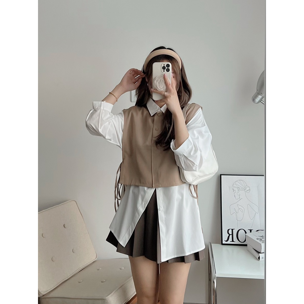 Set áo sơ mi 2 món mix áo gile buộc dây, set áo kiểu buộc dây 2 bên