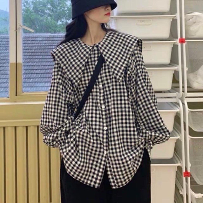 Áo Sơ Mi Kẻ Form Rộng Cổ Bèo Phong Cách Vintage Hàn Quốc Chất Vải Thô mềm mát thấm hút mồ hôi SM222 | BigBuy360 - bigbuy360.vn