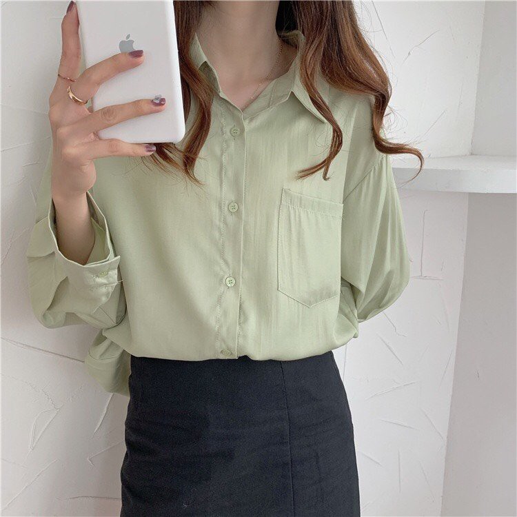 Áo Sơ Mi Nữ Dài Tay Cổ Polo Dáng Suông Chất Lụa Hàn Thoáng Mát AM220 | BigBuy360 - bigbuy360.vn