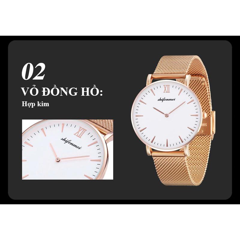 Đồng hồ unisex Shifenmei S1075E kích thước mặt 40mm, sử dụng bộ máy Quartz, chống nước 3ATM, dây đeo thép không gỉ