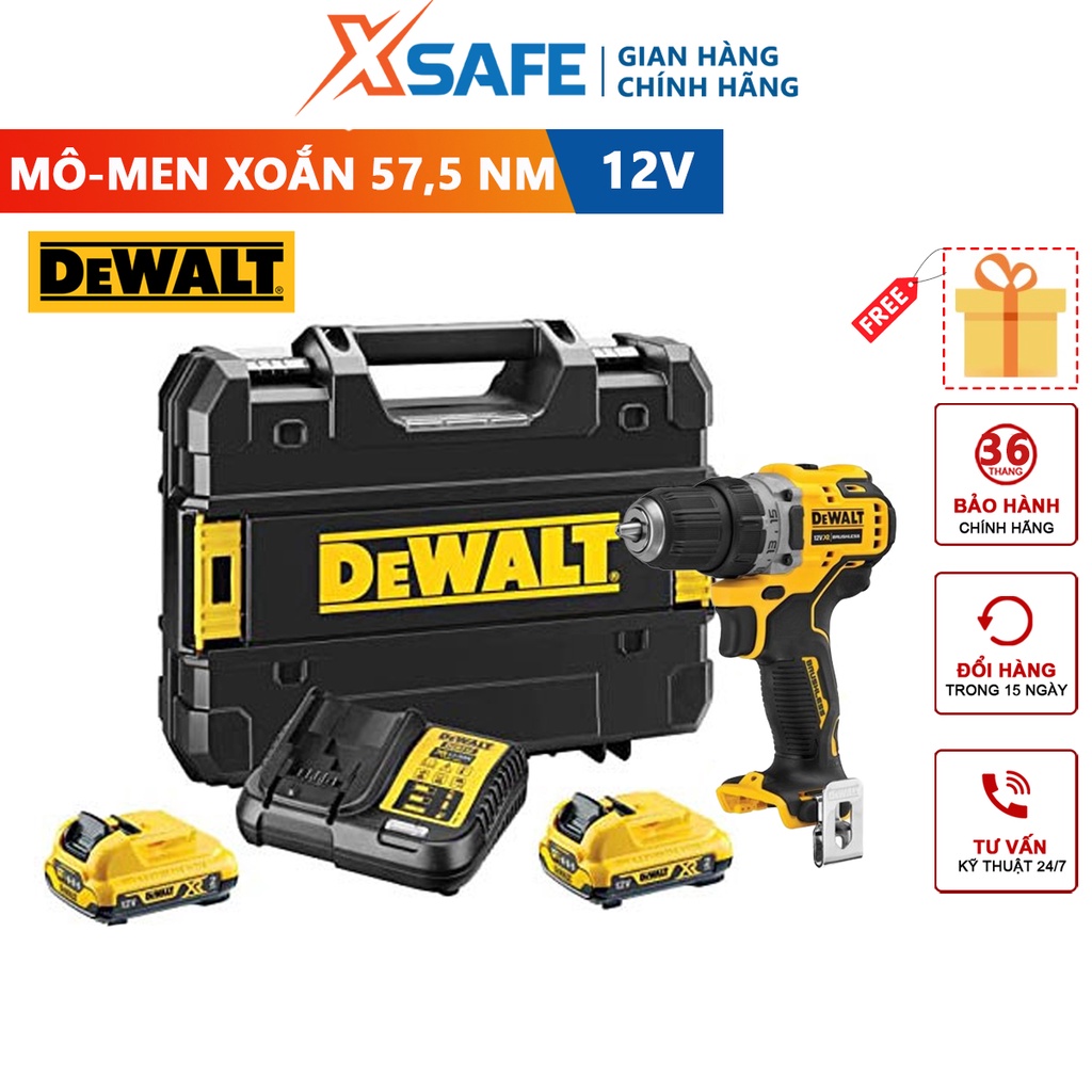 Máy khoan siết vít dùng pin 12v Dewalt, lực momen tối đa 57.5 Nm/25.5 Nm, khoan đầu kẹp 1.5-10mm khoan được gỗ 20mm, sắt