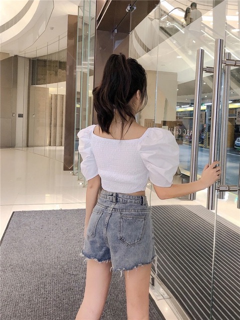 Áo kiểu croptop đắp chéo tay phồng