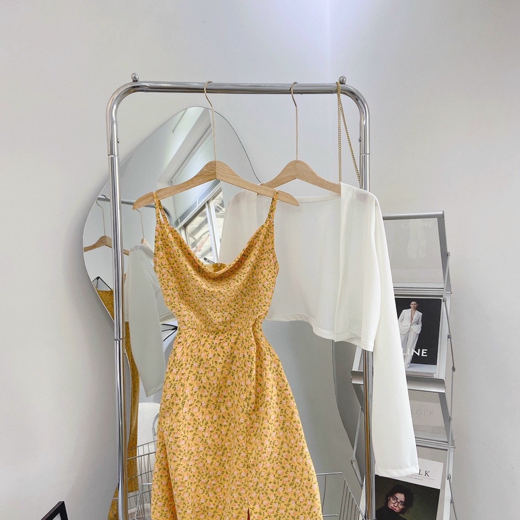 Set đầm 2 dây hoa kèm khoác cardigan màu vàng siêu tôn da | BigBuy360 - bigbuy360.vn