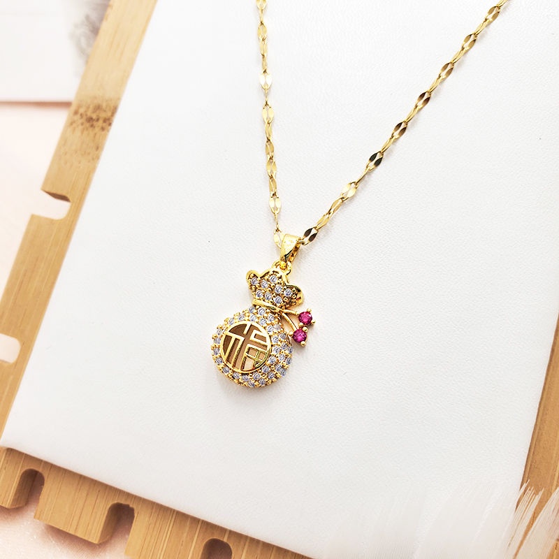 dây chuyền titan chính hãng cho nữ bằng thép không gỉ 18k vàng kim cương may mắn Trung Quốc &quot;Fu&quot; Túi tiền mặt dây chuyền vòng cổ