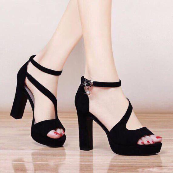 Giày cao gót 10cm đế đúp gót vuông chéo hông