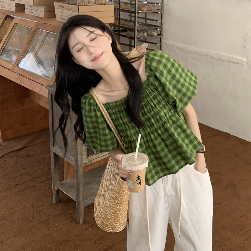 Áo Sơ Mi Tay Ngắn Phồng Họa Tiết Sọc Caro Thời Trang Mùa Hè 2022 Phong Cách Hàn Quốc Cho Nữ