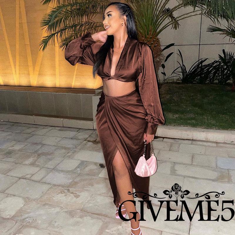 Set đồ 2 món áo croptop tay dài phồng + chân váy lưng cao xẻ tà màu trơn gợi cảm cho nữ