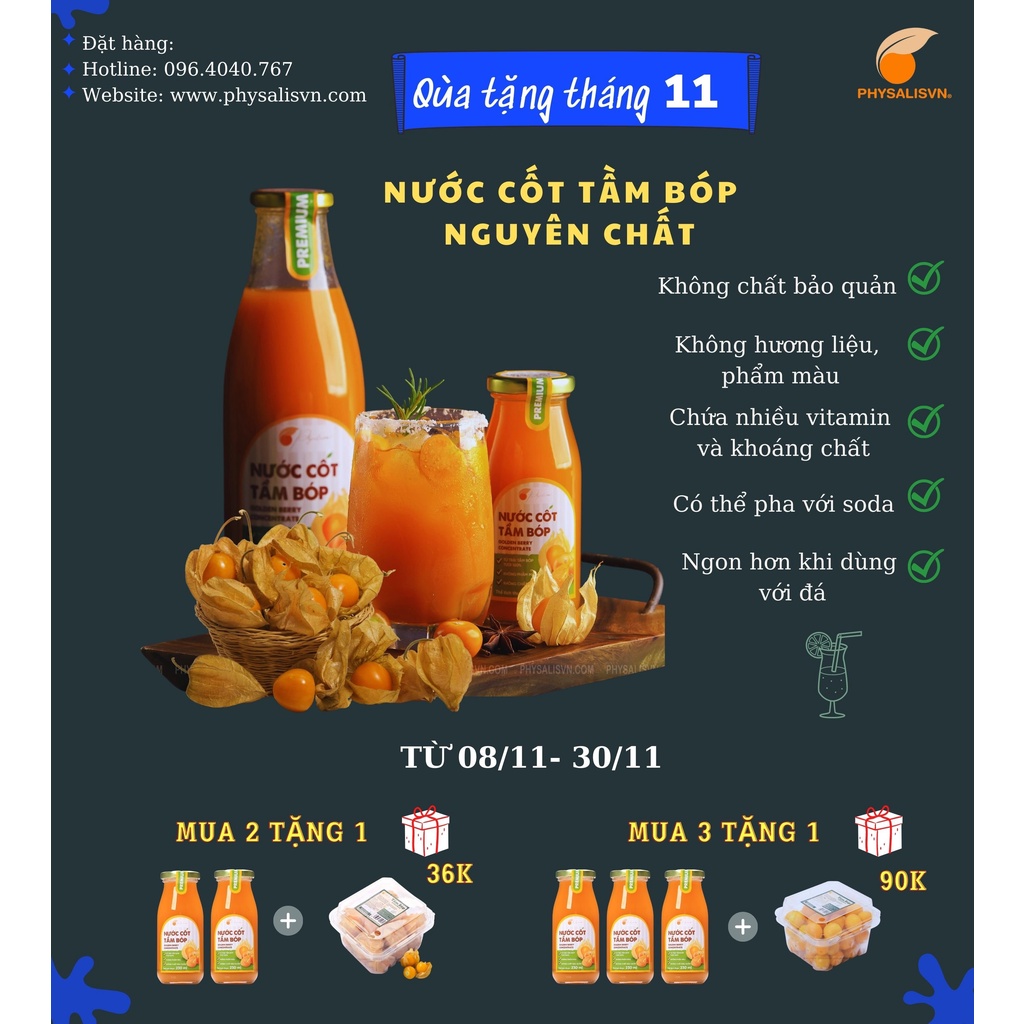 Combo 2 chai nước cốt Tầm Bóp Nam Mỹ nguyên chất cô đặc tặng 1 hộp Tầm Bóp tươi 100g trị giá 36k