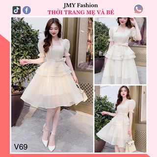 V69 Váy voan cổ vuông tay bồng dáng xoè 3 tầng dự tiệc - TH Hà Thanh