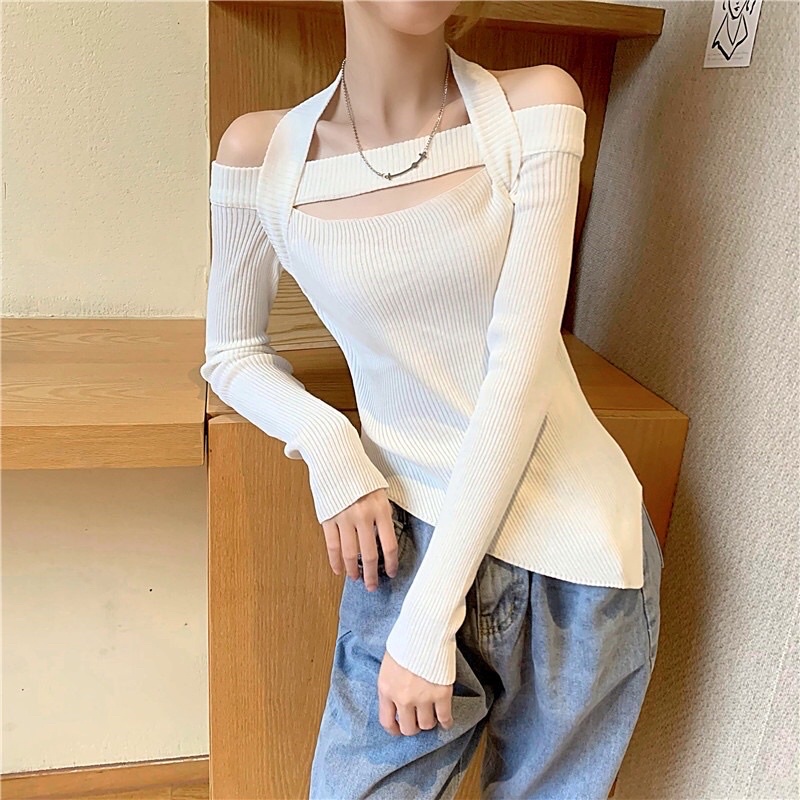 Áo len nữ dệt kim vạt chéo hở vai cổ yếm cách điệu hàng QC