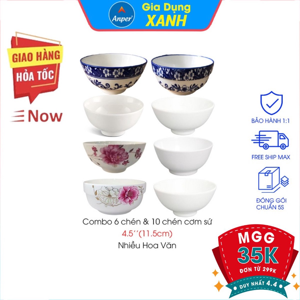 Combo 6 bát ăn cơm 10 chén ăn cơm sứ ANPER Dày 11.5cm phong cách nhật hàn hàng chính hãng