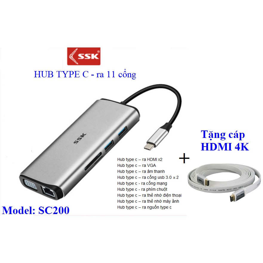 HUB chuyển đổi từ type-c – kết nối ra 11 cổng (2 cổng HDMI) – SC200 tặng kèm túi bảo vệ