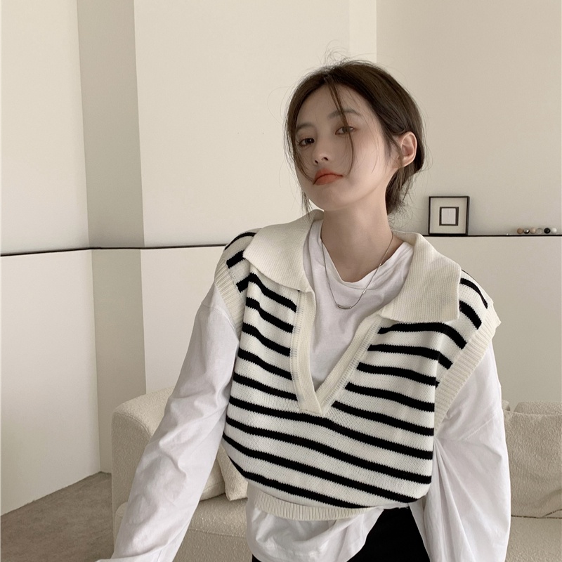 Áo dệt kim ZHELIHANGFEI sát nách lưng cao kẻ sọc cá tính dễ phối đồ