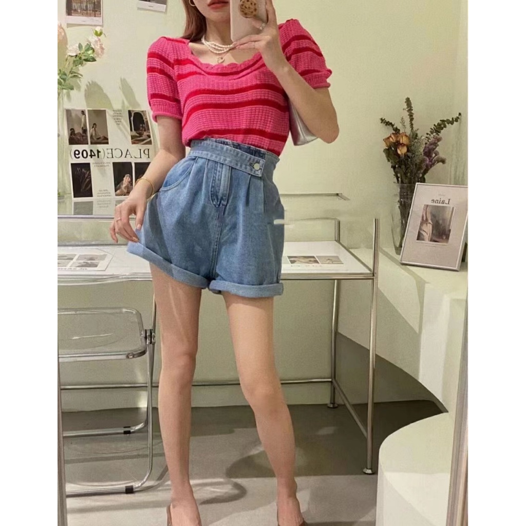 Áo thun ZHELIHANGFEI tay ngắn cổ vuông họa tiết kẻ sọc ngang dáng ôm dễ phối đồ