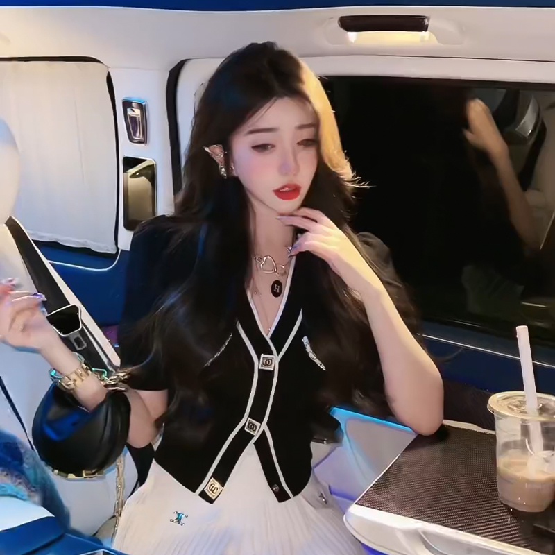 SUXI Áo Cardigan Ngắn Tay Cổ Chữ V Màu Sắc Tương Phản Đơn Giản Thời Trang Mùa Hè Cho Nữ