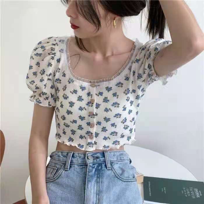  G&G Áo Croptop tay phồng cổ vuông họa tiết hoa thời trang S-2XL