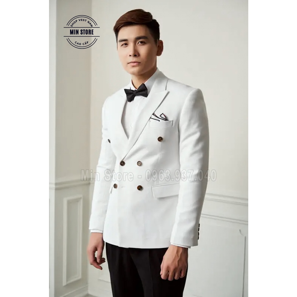 Vest Nam Hàn Quốc 6 Cúc Trắng, Áo Blazer Nam Trắng 2 lớp dày dặn