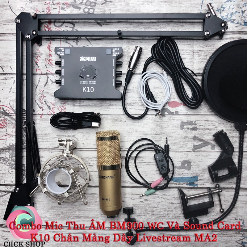 Mic thu âm BM900 Woaichang sound card k10 chân đế màng và dây livestream MA2