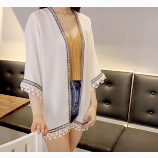 Áo Kimono Thổ Cẩm Mix Ren (Trắng-Đen)