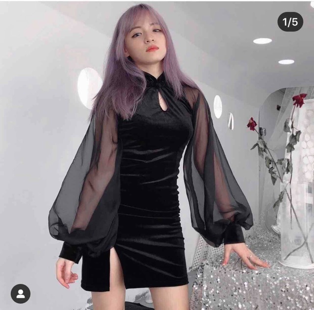 🌻ĐẦM SƯỜN XÁM TAY PHỒNG NHUNG ĐEN🌻kèm hình chụp thật | BigBuy360 - bigbuy360.vn