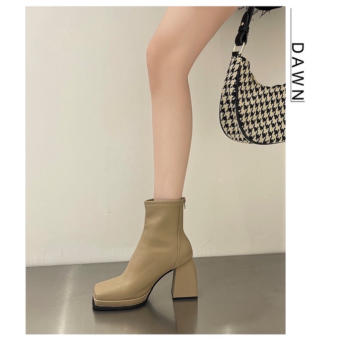 Bốt nữ cổ ngắn mũi vuông da mềm ôm chân đế vuông cao 9cm có khoá kéo