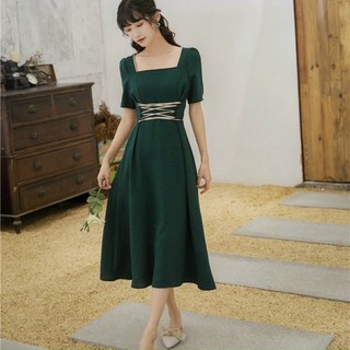 Đầm xanh lính đan dây kem