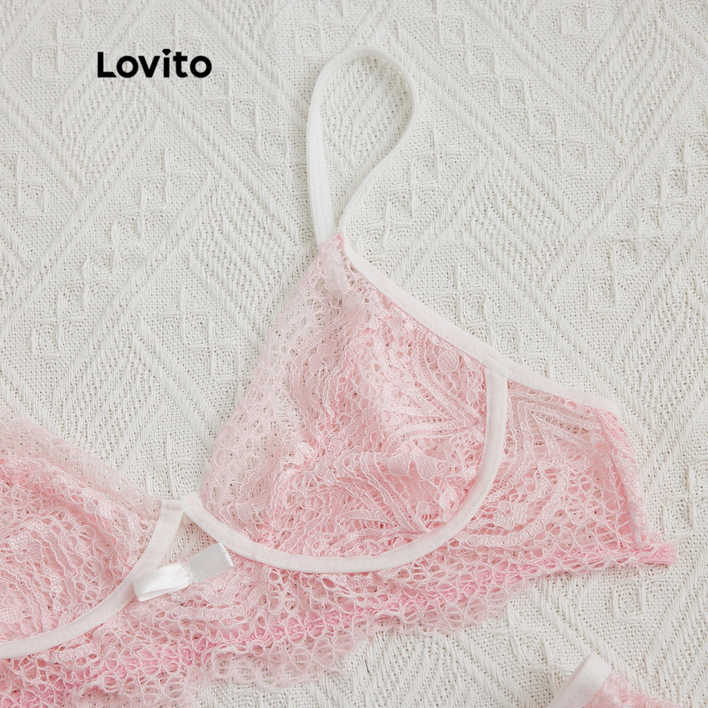 Set quần lót và áo ngực Lovito vải xuyên thấu ghép nối màu sắc phối ren sexy không có miếng đệm L17X447 (hồng/đen)