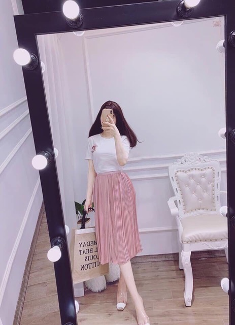 Chân váy midi dập ly nhỏ freesize chuẩn hàng QC | BigBuy360 - bigbuy360.vn