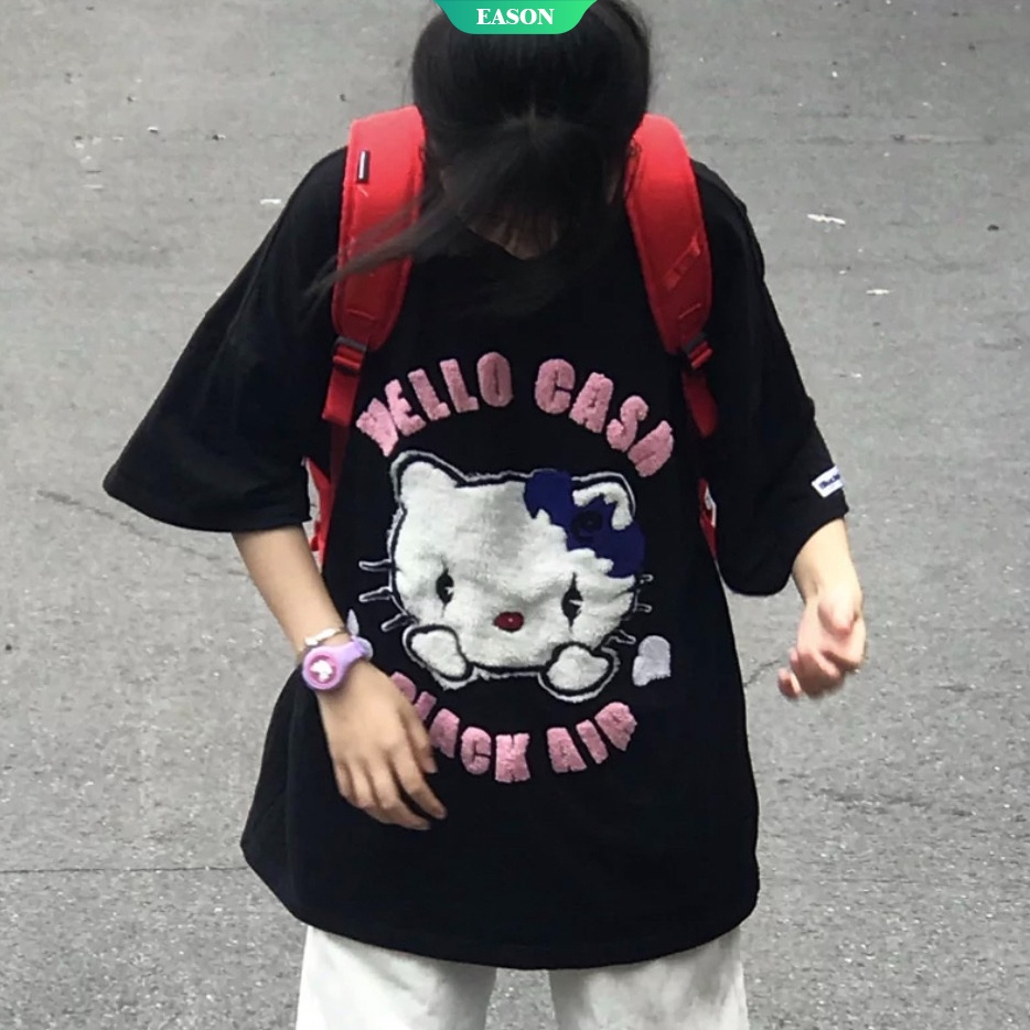 SANRIO Áo Thun Tay Ngắn Thêu Họa Tiết Hoạt Hình Hello Kitty Phong Cách Nhật Bản Thời Trang Mùa Hè Cho Nữ